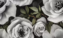 several white roses with green leaves and leaves in black and white