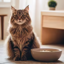 a long haired cat is sitting next to a dish