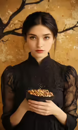a pretty young woman holding a bowl filled with food
