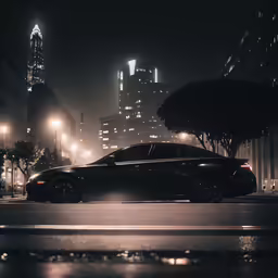 the black car is driving through the city