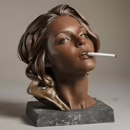 a bust of a woman with a cigarette and a cigarette in her mouth