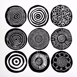 a group of circles that have different designs,seven circles that are black and white