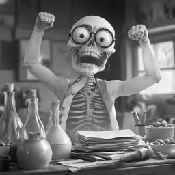 a skeleton with eye glasses sitting in front of a desk full of bottles and glassware