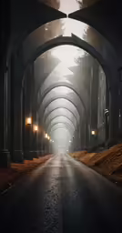 an image of a long tunnel in the foggy evening