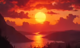 a beautiful sunset over the water and mountains