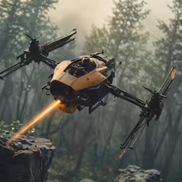 a yellow helicopter in flight with a red laser lasering it