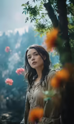 a woman standing next to a tree near flowers