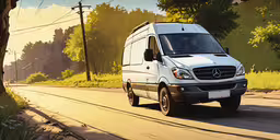 a white mercedes benz benz benz benz van,the van is driving down the road with trees in the background