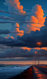 a pier leading to the ocean with a sunset and clouds