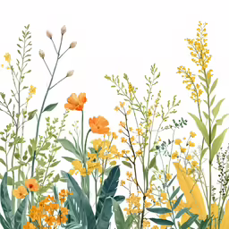an illustration with flowers, ferns and leaves