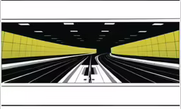 a painting depicting a train track with a yellow background