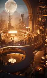 the view from inside a huge building, of a town at night