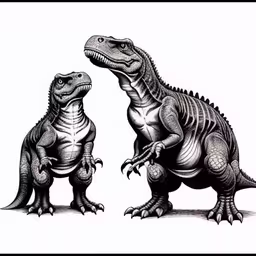 two large, skinny dinosaurs are shown side by side,two dinosaurs one is holding its mouth in its teeth