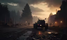 a jeep driving on the road in front of people