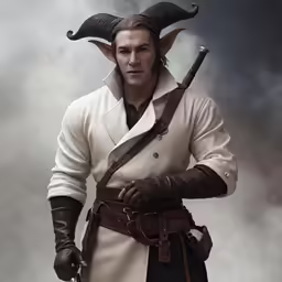 a man in costume stands in front of some smoke
