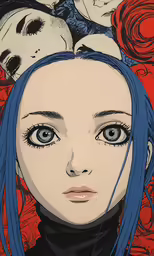 an anime avatar with blue hair and a skull on her head