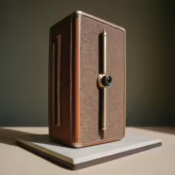 a brown and gold suitcase sitting on top of a table