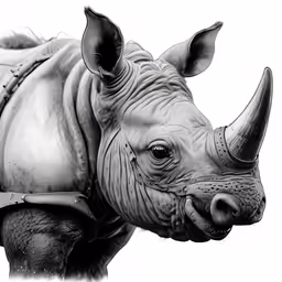 a black and white rhino is standing in front of a light