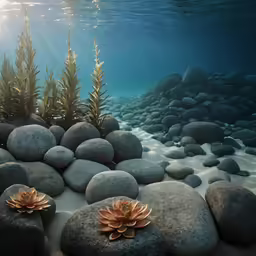 a rock covered sandy beach near the ocean floor and sea weed