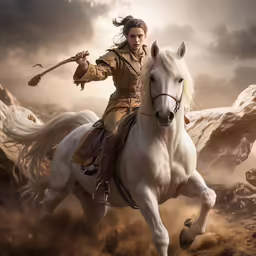 a woman riding on the back of a white horse