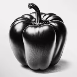 three black bell peppers sit on a white table