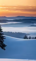 snow covered hills and trees as the sun sets