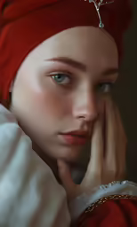 a woman with a red hat and gold earrings