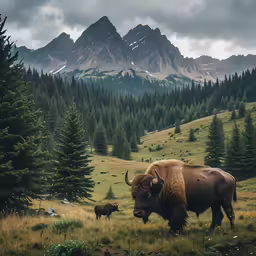 two bison are grazing in the grass in front of a mountain range