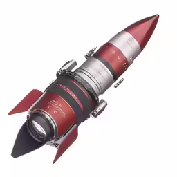 a red and silver rocket that is on a white surface