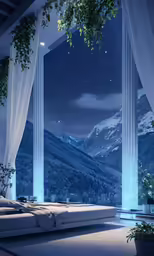 a bedroom with windows with the view of a mountain at night