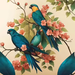 two blue and yellow parrots on a branch