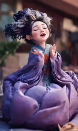 an odd looking little doll with a large purple jacket