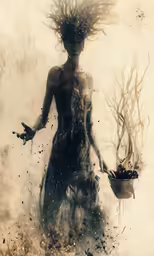 a girl with her hair blowing back, holding a plant