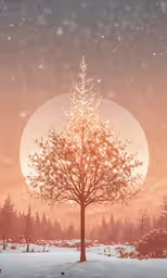 a snowy landscape with a tree on the ground,a snowy day with a lit tree in the foreground