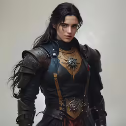 a woman wearing a black armor and holding a sword