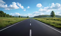 a road stretches into a forest with trees on both sides