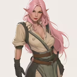a person standing with long pink hair