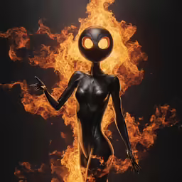 a woman with a strange face and fire on her body