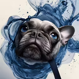 the pug looks up from under the water with his tongue sticking out