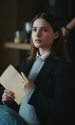 a woman holding a book next to a table