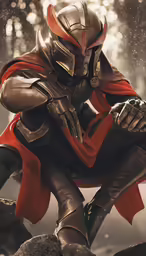 the knight is sitting on some rocks and staring at something