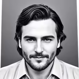 a man with dark hair and a goatee and beard looks directly into the camera
