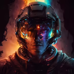 a person wearing a futuristic helmet with blue, yellow and red lights