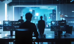 a man sits at a computer and looks at his desk