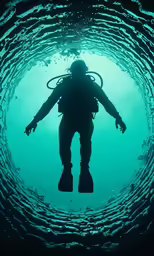 silhouette scuba in large amount of water and bubbles