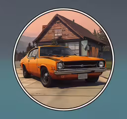 an orange old car sits in front of a wooden house,a photo of an orange car outside a house