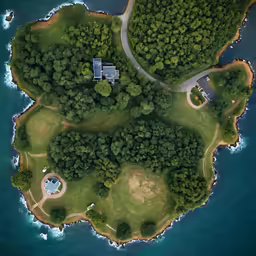 an aerial view of a resort nestled on an island