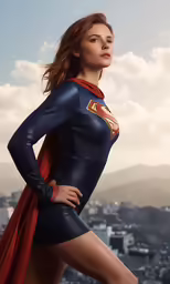 a girl in a superman suit with the city skyline