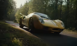 a yellow race car is traveling down a road