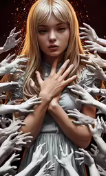 a girl standing surrounded by hands